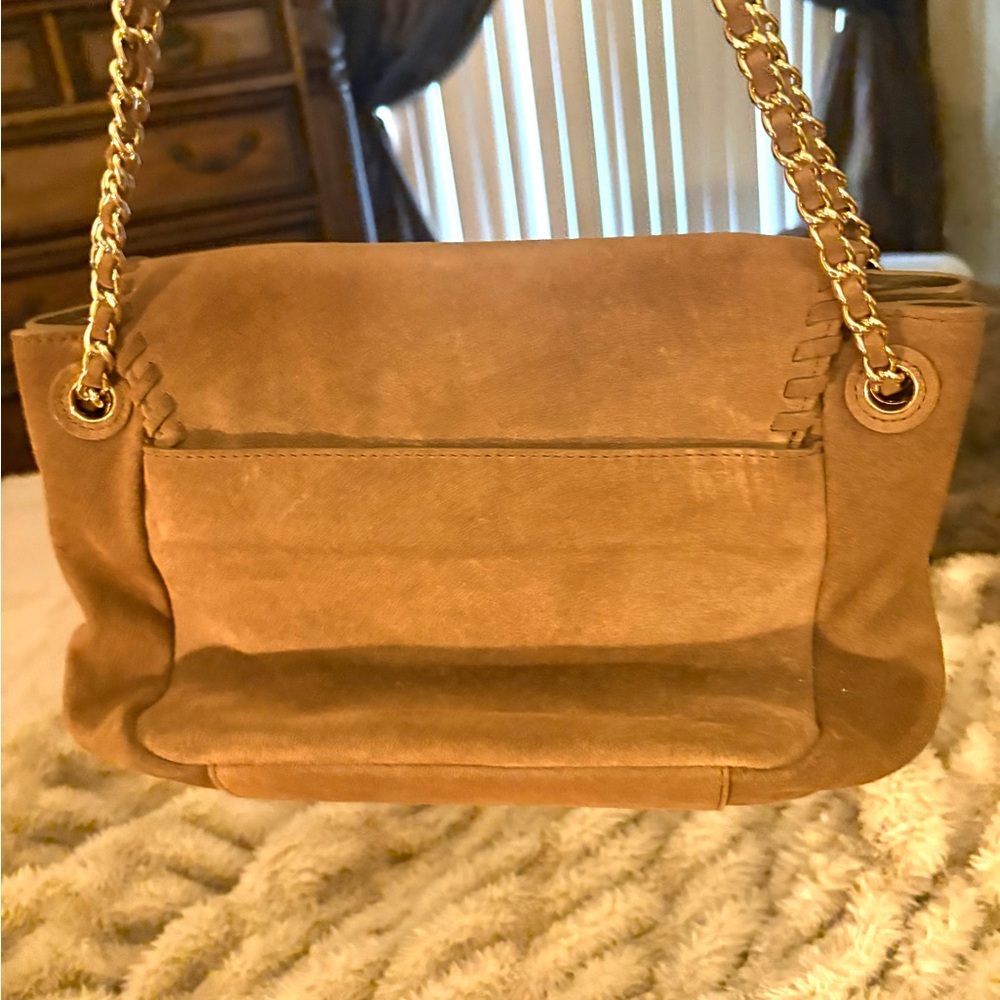 Tan and Gold Suede Shoulder Bag with Chain Strap